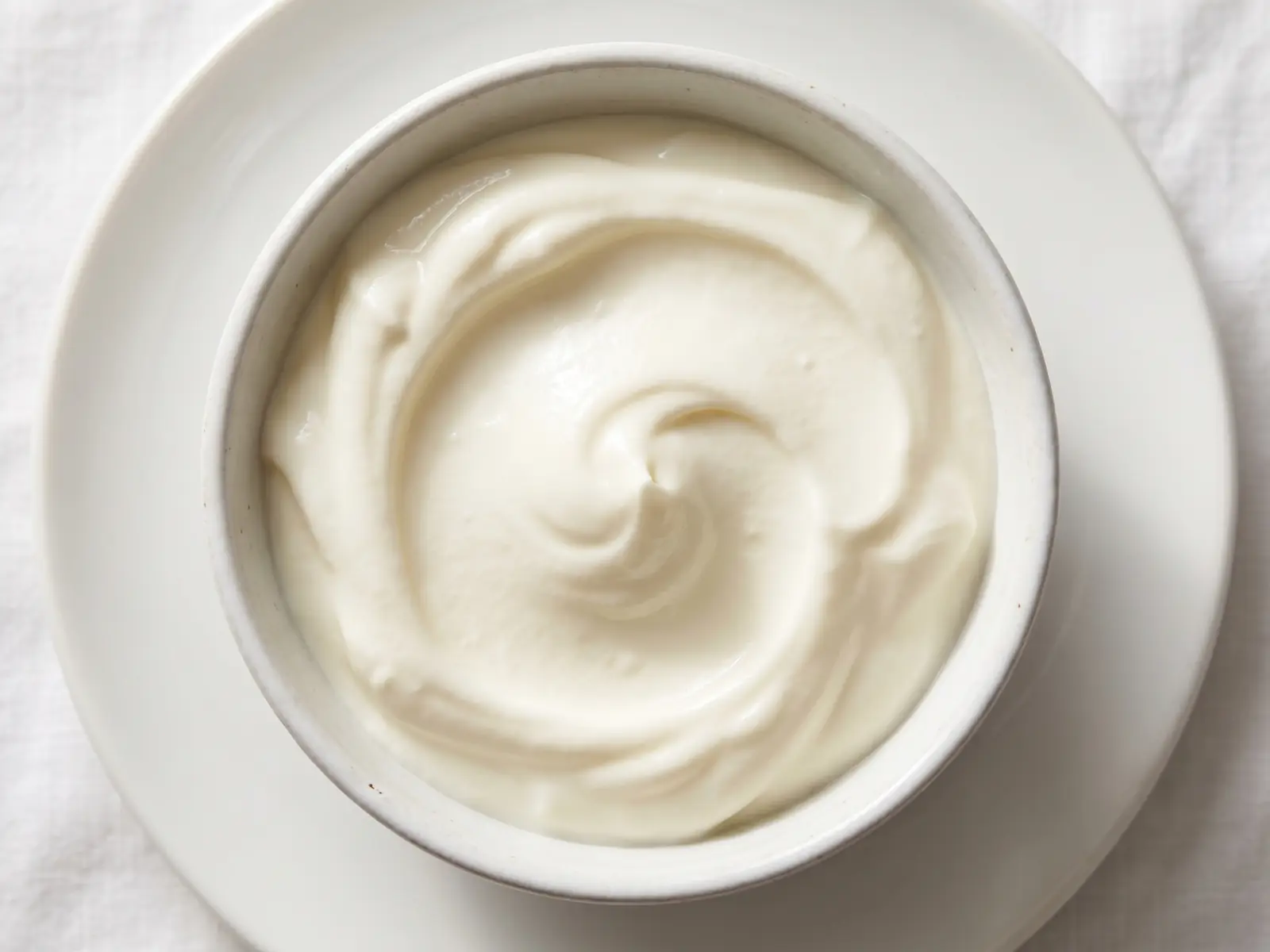 Remolino de yogur cremoso en un plato blanco, con luz cenital y textura suave en primer plano.