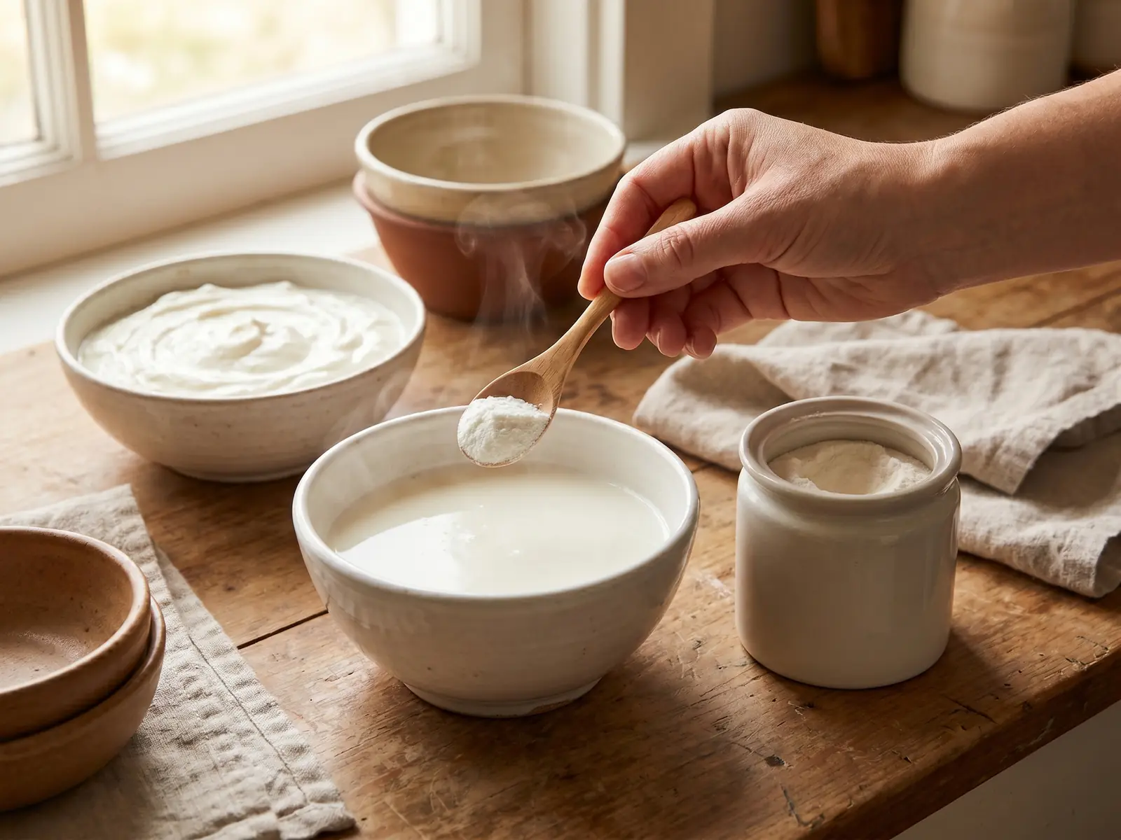 Mano a&ntilde;adiendo una cucharada de yogur madre a leche tibia en un cuenco blanco para fermentar.