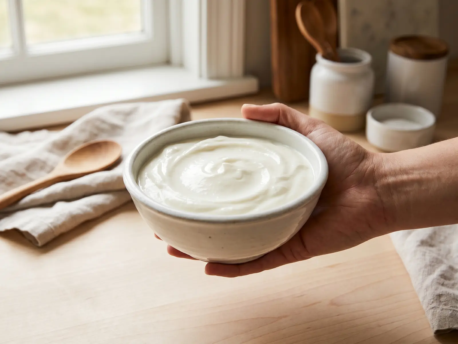 qué es mejor el yogur o el kéfir Mano sosteniendo un cuenco blanco con yogur cremoso sobre una mesa clara en una cocina tranquila.