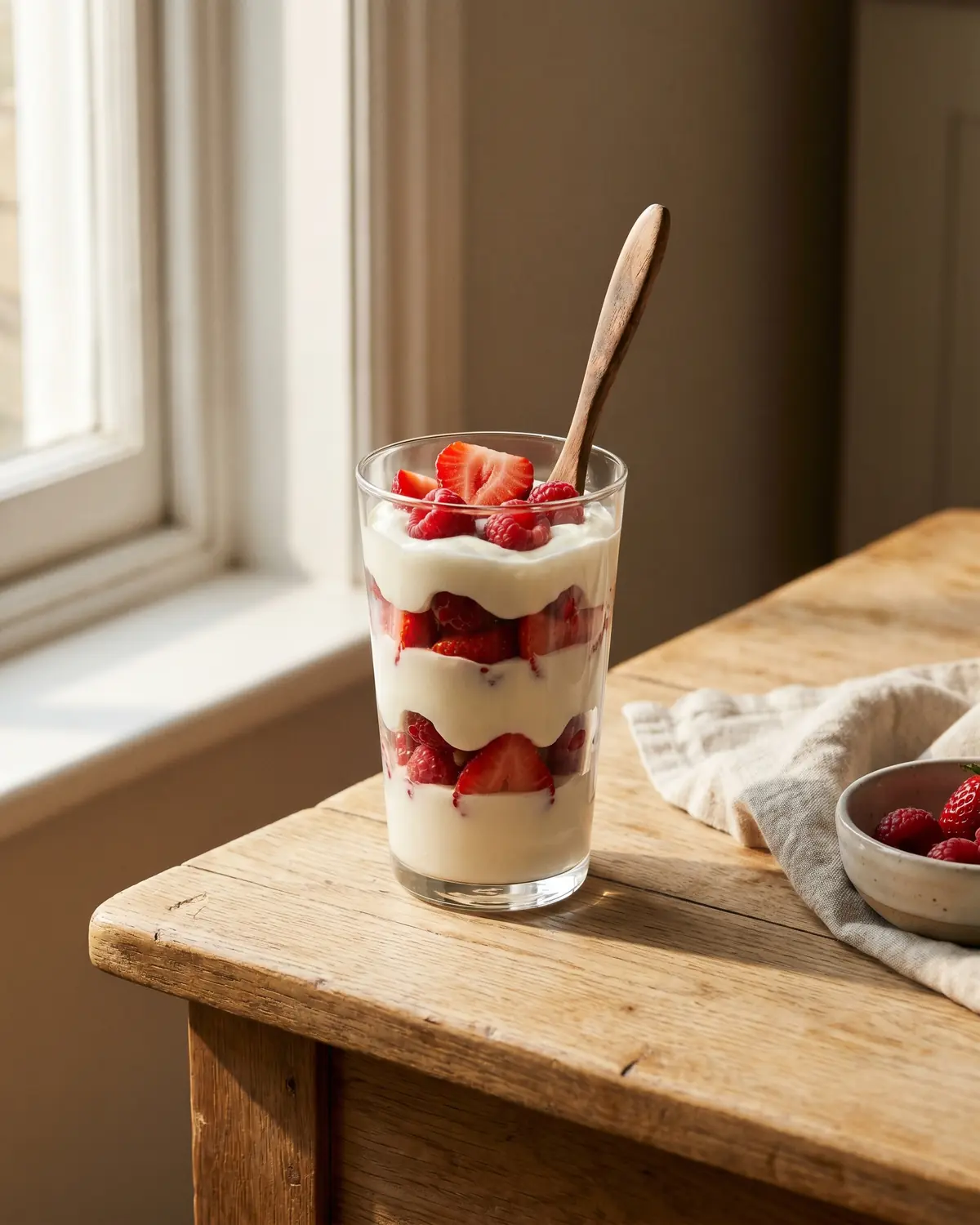 Vaso alto con parfait de yogur y frutos rojos en capas, servido como desayuno o postre fr&iacute;o.