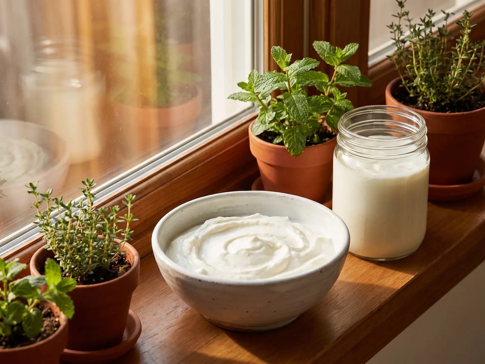 se puede mezclar yogur con kéfir Cuenco blanco de yogur en un alféizar con macetas de hierbas y reflejos suaves de la ventana.