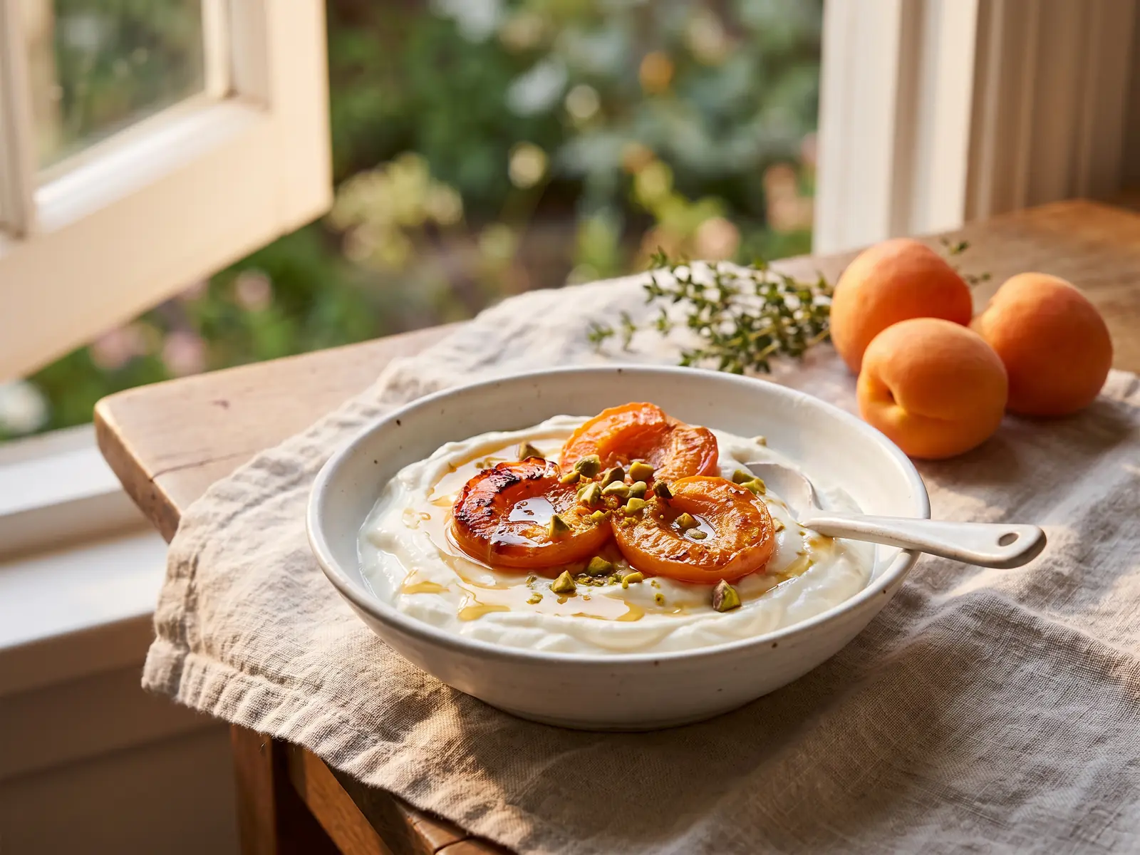 como hacer yogur griego Cuenco de yogur con albaricoques asados sobre lino crudo junto a una ventana abierta en verano