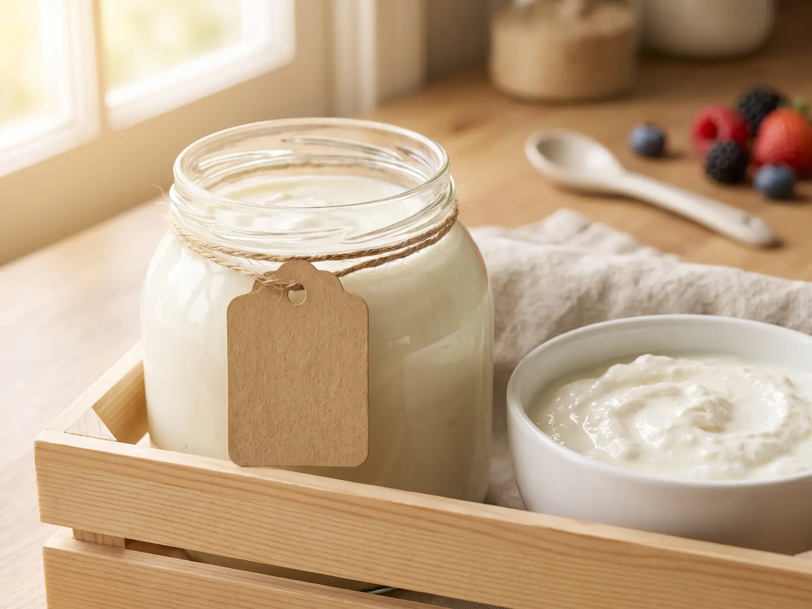 yogur kéfir lidl Tarro ancho de yogur en una caja de madera clara con etiqueta sin texto atada con cordel.