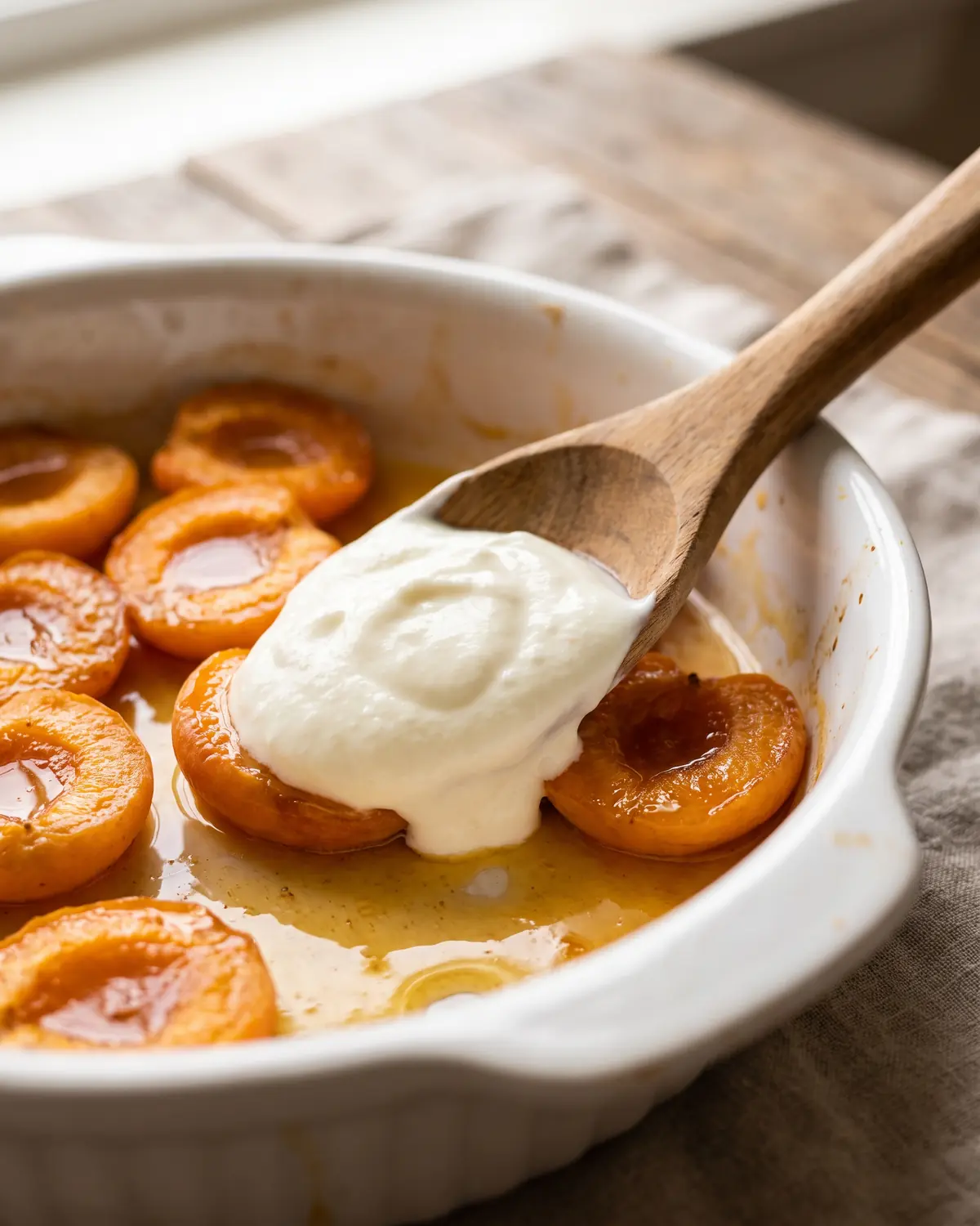 diferencia entre skyr y kefir Cucharada de yogur espeso sobre albaricoques asados con jugos dorados en una pieza de cerámica blanca.