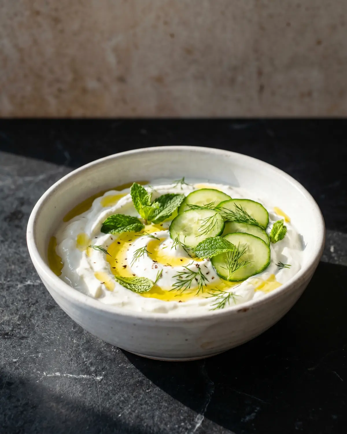 como hacer yogurt casero Cuenco de yogur salado con pepino laminado y menta fresca sobre una superficie de mármol negro mate.