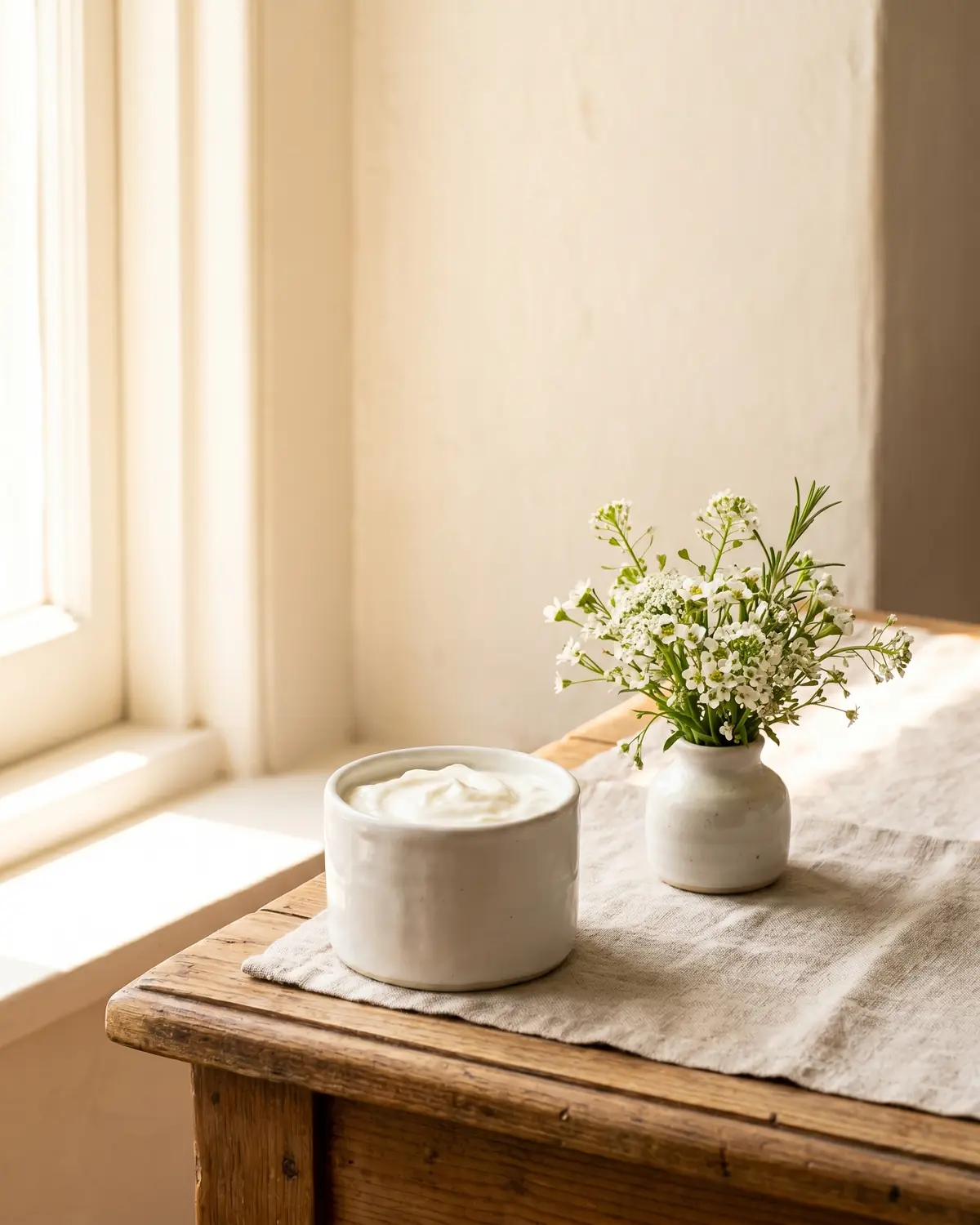 la casa del yogur Taza de yogur junto a flores pequeñas y una ventana lateral en una escena luminosa y tranquila.