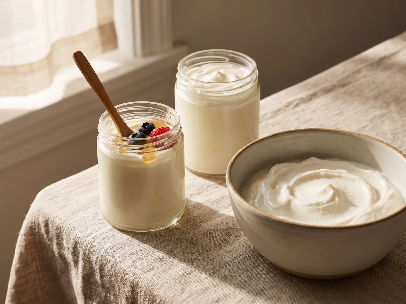 para que sirve el kefir de yogurt Tarro de vidrio y cuenco blanco con yogur sobre un mantel crudo en una escena sencilla y natural.